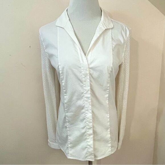 Akris Punto Cotton Stretch Cream Button Down Shirt Mesh Detail Sleeves S - Picture 1 of 11